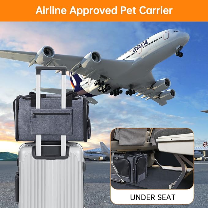 Cat Carrier Pet Travel Carrier by Airplane Approved Under seat, TSA Airline Approved Soft-Sided Dogs Carrier Bag for cat,Dogs,17.5 x 8.5 x 11 inches,Grey