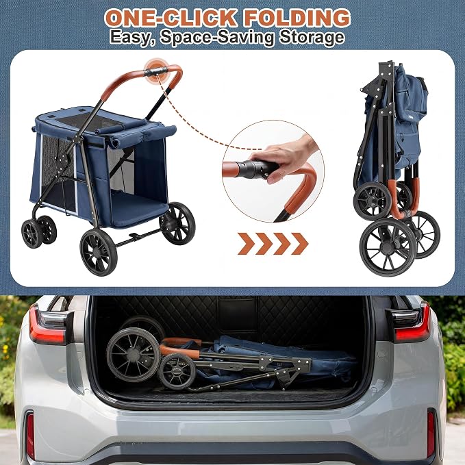 Medium Dog Stroller, Dual Entry One-Touch Folding,Small and Medium Pet Stroller,360° Rotating Front Wheels,70 lbs Weight Capacity for Outdoor Travel and Elderly Dogs - Blue
