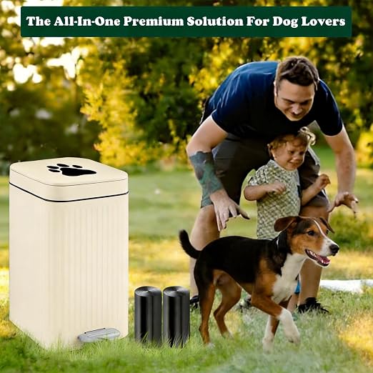 Dog Poop Trash Can Outside - 5L/1.3Gal Small Outdoor Trash Can with Lid | Outdoor Dog Poop Trash Can with Foot Pedal, Dog Waste Container with 40 Bags, Lid Soft Close for Pet, White