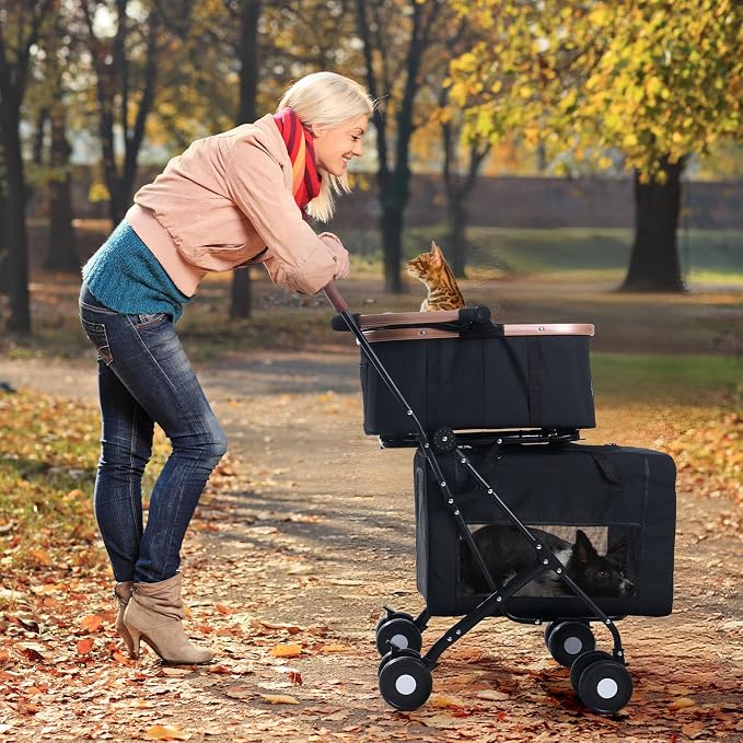 Double Pet Stroller for Small Medium Dogs - 4 In1 Dog Stroller for 2 Pets, Detachable and Foldable with 360°Rotating Wheels, Easy Assembly and Compact Size (Black)