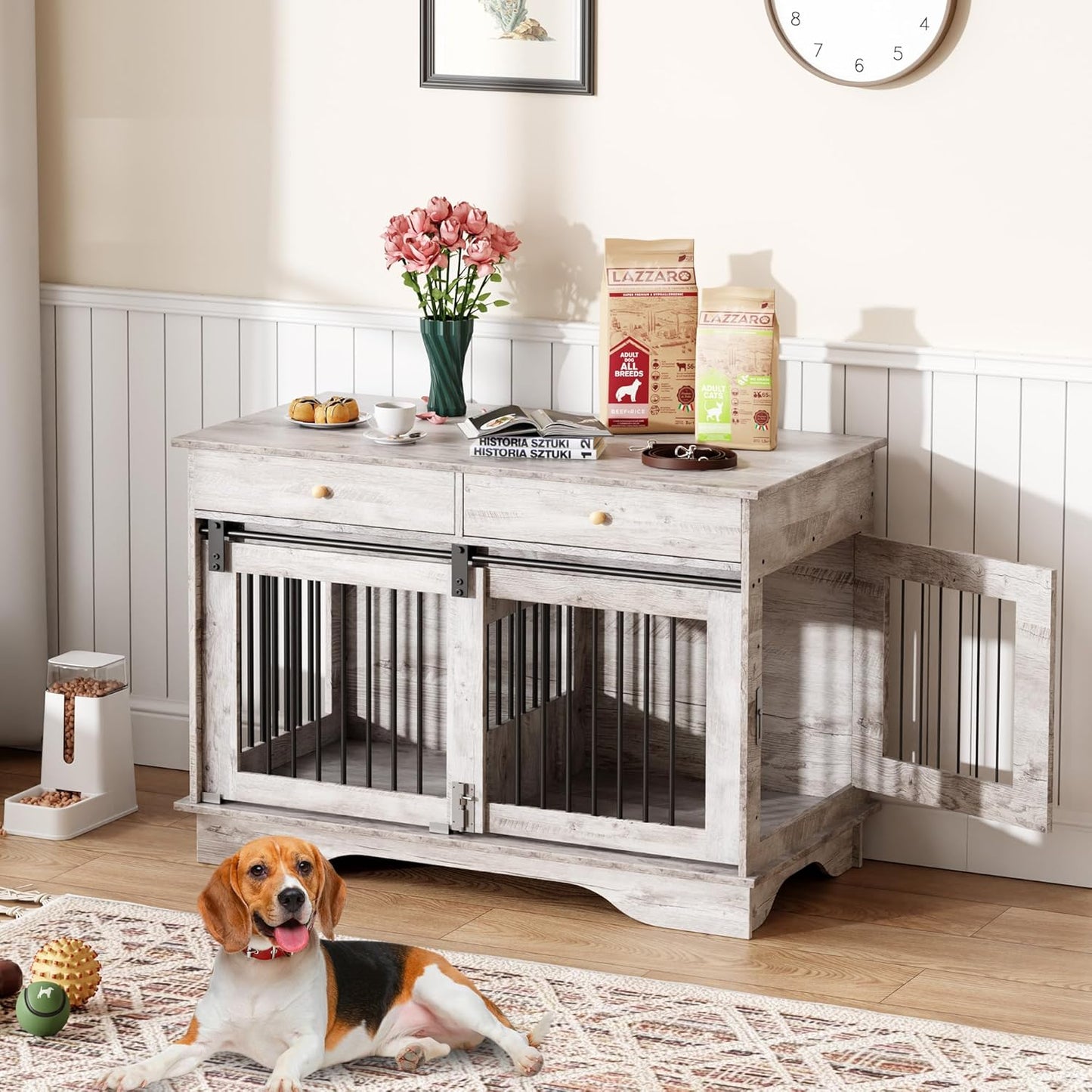 Dog Furniture Crate, 47" Large Dog Crate Furniture w/ 2 Storage Draws & Removable Divider for Large/Medium/Small Dogs (Grey, Double Cage)