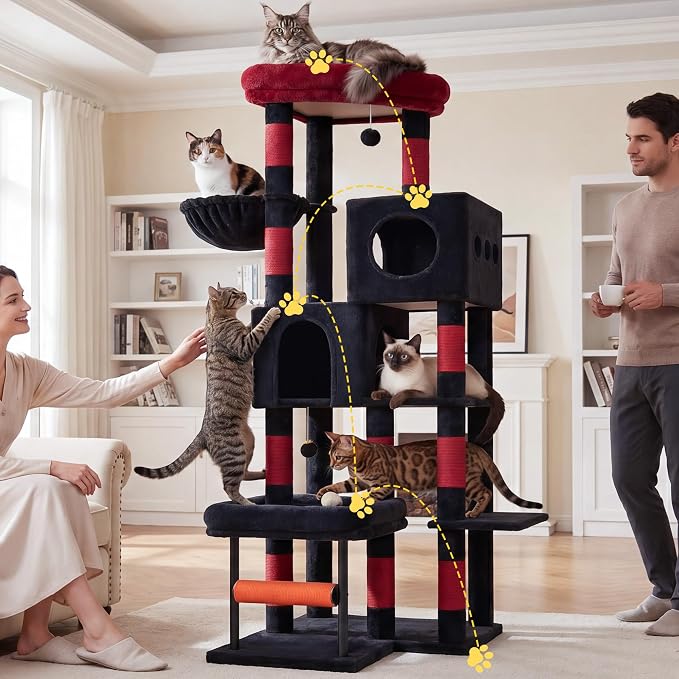Hey-brother Cat Tree, 68.5 inch Cat Tower with L-Shaped Extended Base, Multi-Level Furniture with 2 Spacious Candos, 2 Platforms, 11 Scratching Posts, Hammock and Toy Ball,Black and Red MPJ086BR