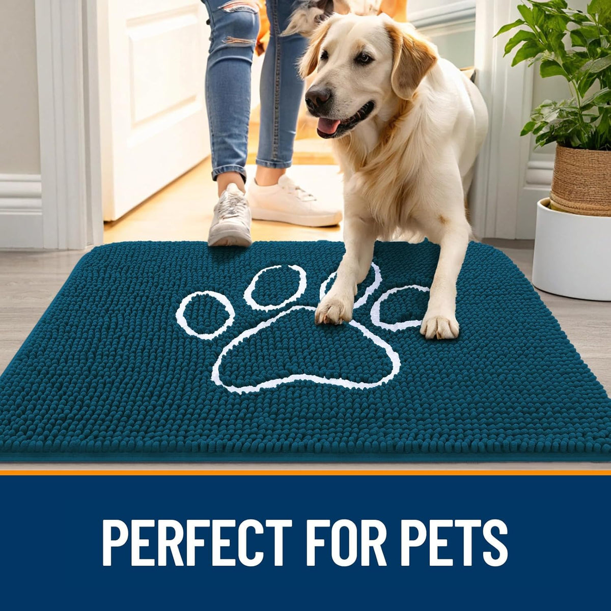 OLANLY Door Mat for Muddy Dog Paws 59x35, Absorbent Chenille Mud Doormat with Paw Print Design, Non-Slip Washable Doormat for Indoor Entryway, Quick-Dry Pet Bed Mats for Dirty Dogs, Atlantic Blue