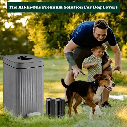 Dog Poop Trash Can Outside - 5L/1.3Gal Small Outdoor Trash Can with Lid | Outdoor Dog Poop Trash Can with Foot Pedal, Dog Waste Container with 40 Bags, Lid Soft Close for Pet, Gray