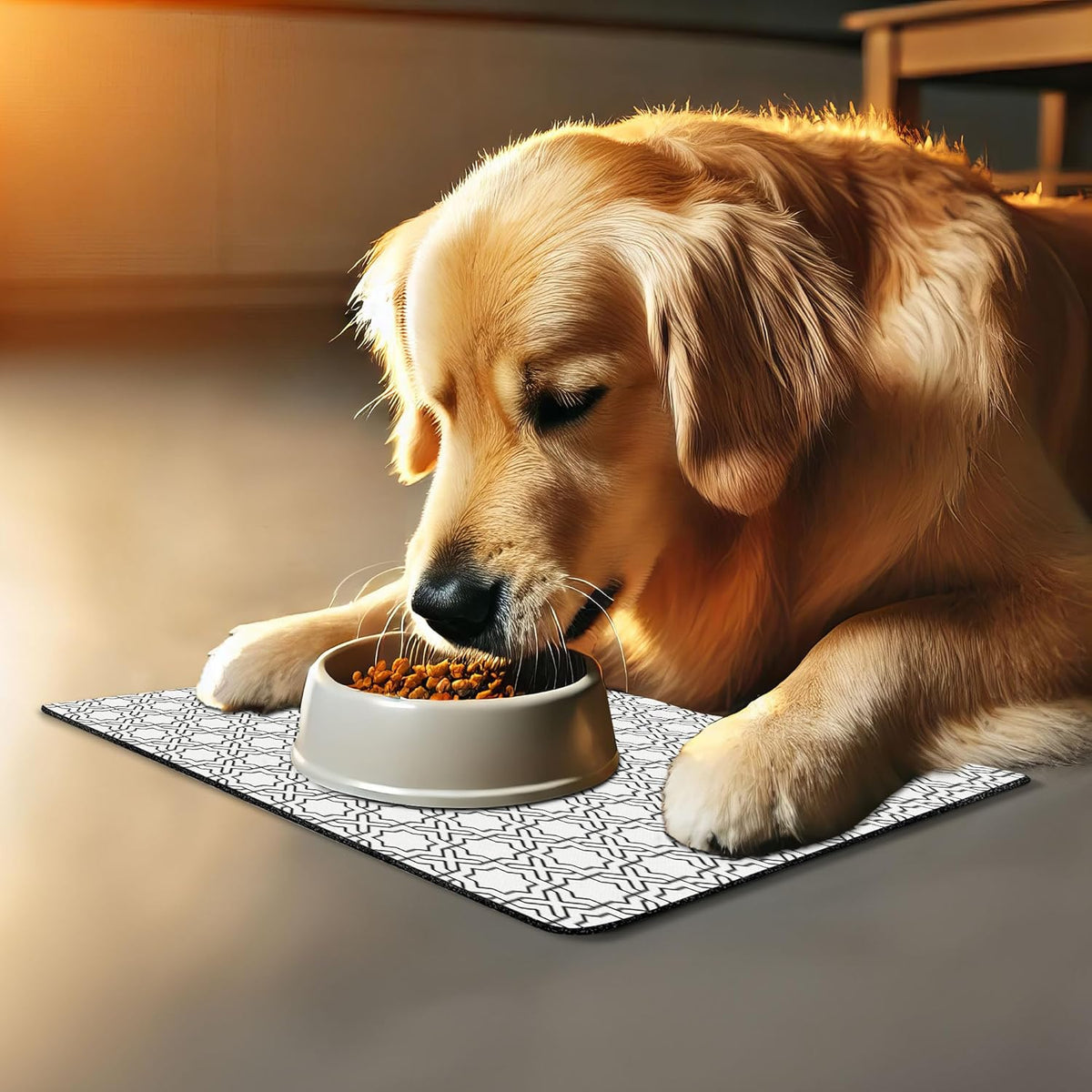 Lunarable Modern Pet Mat for Food and Water, Geometric Oriental Morrocan Design with Star Squares Lines Triangles Art Print, Non-Slip Rubber Mat for Dogs and Cats, 18" X 12", Off White