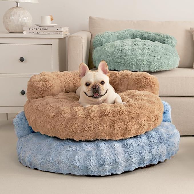 EHEYCIGA Soft Cat Couch Bed for Indoor Cats, Fluffy Small Dog Bed with Removable Washable Cover, Bolster Pet Sofa, Waterproof and Non-Slip, 23" x 23"x 7", Camel