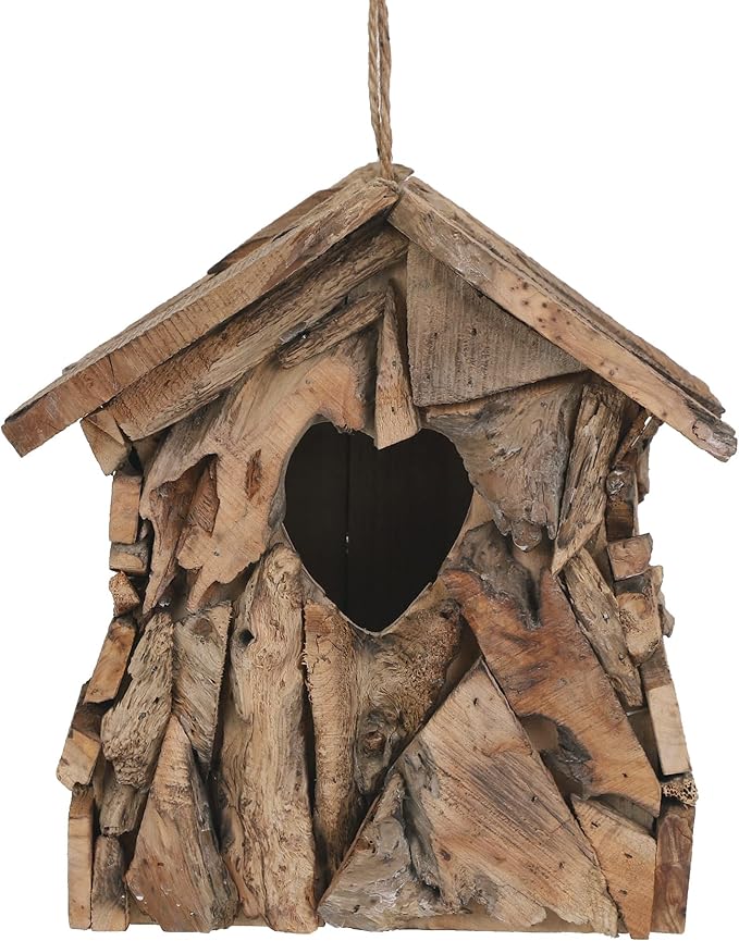 Wood Bird House Squirrel House with 2.36" Heart-Shaped Entry & Hanging Rope, Artistic Cottage-Style Outdoor Bird Feeder Garden Decoration