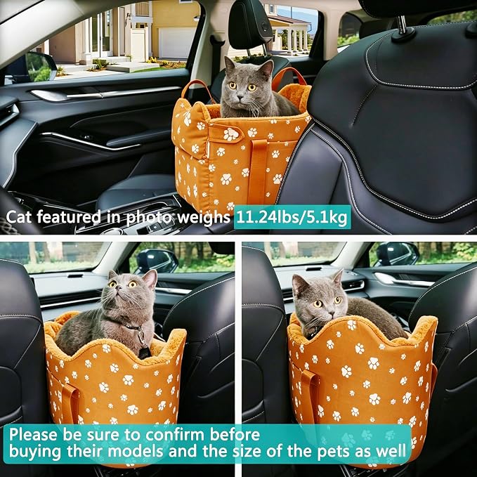 Center Console Dog Car Seat Safe Travel for Small Dogs Under 15 lbs Detachable Washable Pet Carrier with Storage Pockets & Safety Leash (Orange)