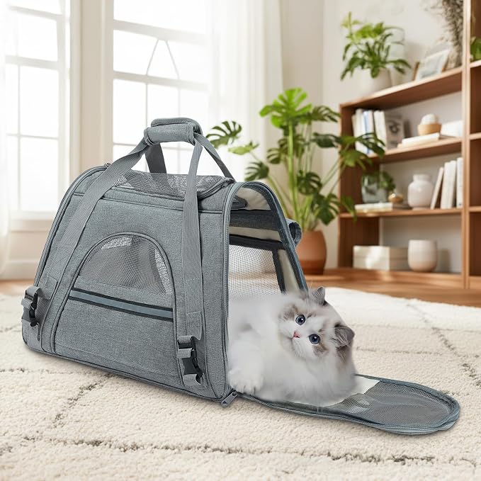 Airline Approved Soft-Sided Pet Carrier for Cats & Small Dogs - Ventilated Travel Bag with Removable Mat, Under 15 lbs, Grey
