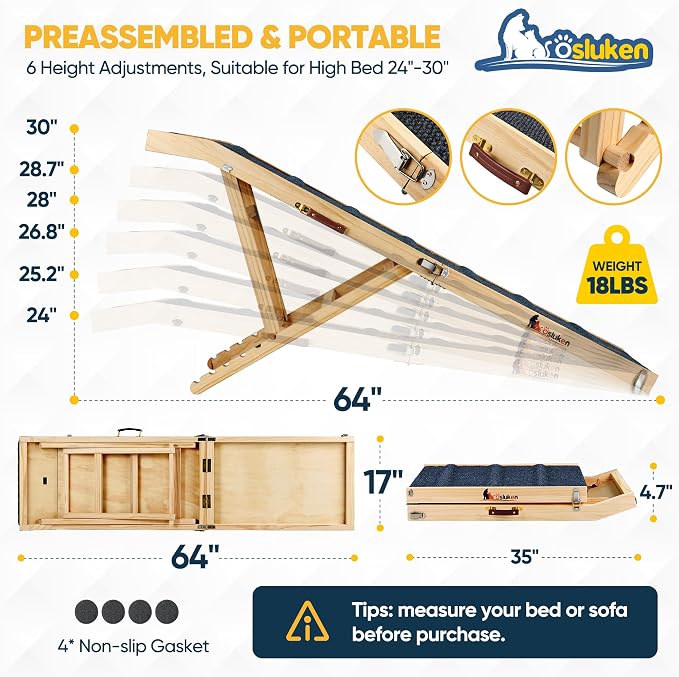 ππππ ππ©π π«ππππ Dog Ramp for Bed, 64" Long Foldable Pet Ramp for Small Large Dogs, Dog Ramps for High Beds Car, High Traction with Platform 6 Adjustable Heights 24" to 30" Up to 220LBS, Wood