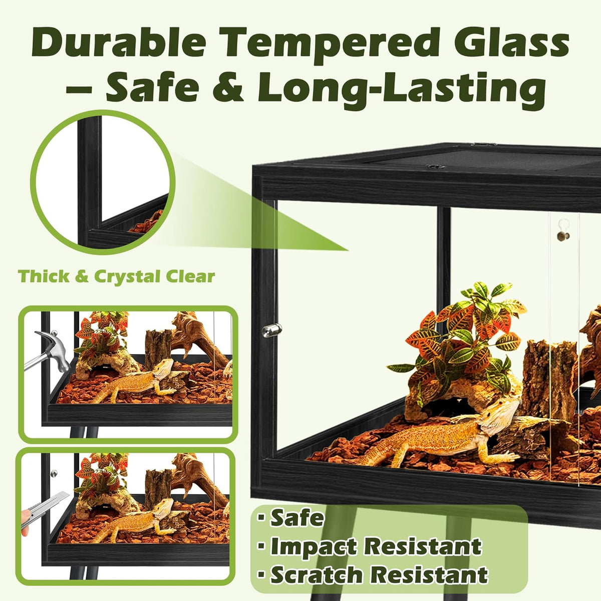 PROLEE Bearded Dragon Tank with Leg,Tempered Glass Lizard Tanks and Reptile Enclosure,Up to 78 Gallon Reptile Tank with Metal Mesh and Lockable Door for Snakes,Chameleon (Black, 78Gallons,48inch)