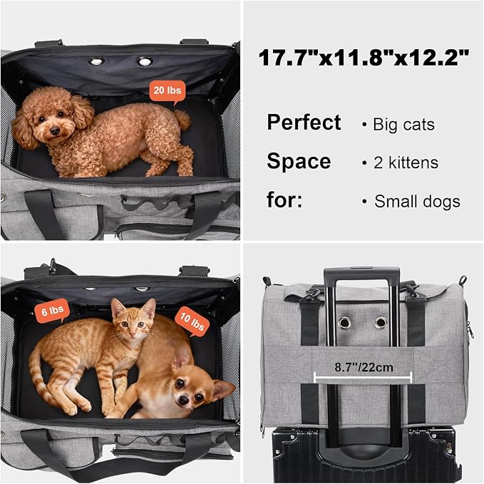 Ownpets TSA Airline Approved Large Pet Carrier, Soft Sided Cat Dog Carrier for Small Pets, Underseat, Waterproof, Foldable for Medium Big Cats 20 lbs+ & 2 Kittens/Puppies (17.7"x11.8"x12.2")