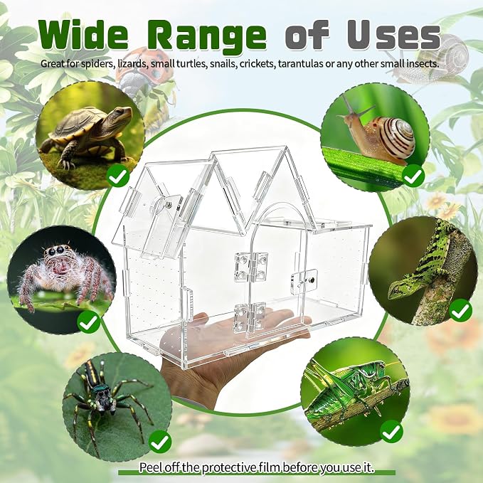 Jumping Spider Enclosure, 9.5" x 3.9" x 6.7" Acrylic with Magnetic Door Transparent Enclosure for Reptile Tarantula Jumping Spider Gecko Amphibians Chameleon