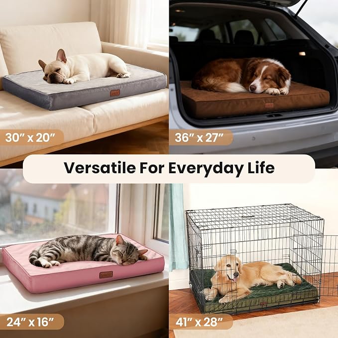 OhGeni Orthopedic Waterproof Dog Bed for Small Dogs, Machine-Washable Removable Cover in Easy-Clean Fabric, Reversible Memory Foam & Easy-Carry Handle, Suitable for Crate, 24 inch (Gray)
