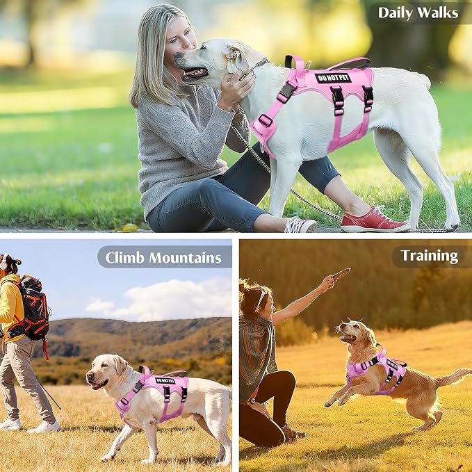 Escape Proof Dog Harness with Double Handle+4 Removable Patches | Service Working Molle Harness with Double Handle for Large Dogs, Tactical Pet Reflective Vest for Walking Hiking Hunting