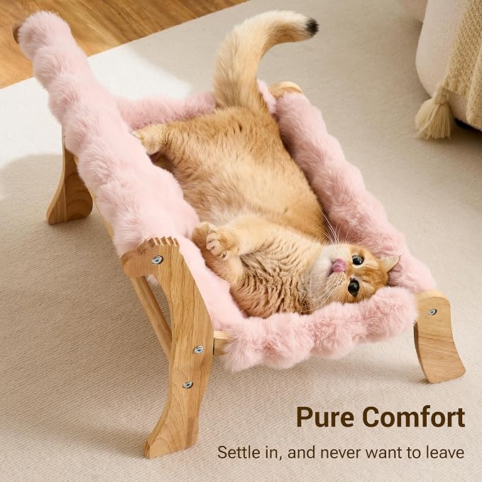 Solid Wood Cat Couch Bed for Indoor Cats, Modern Cat Sofa with Ultra-Soft Plush Surface Washable, Reclined Backrest, Elevated Elevated Cat Lounge Furniture for Small to Adult Pets, Sakura Pink