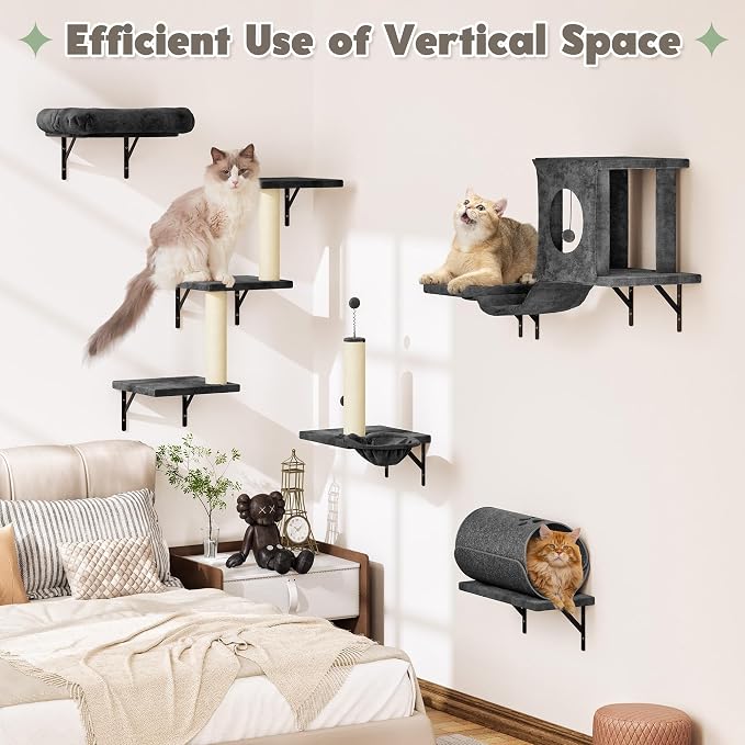 Cat Wall Shelves, 7-in-1 Wall Mounted Cat Climber Set, Indoor Cat Furniture – Includes House, Tunnel, Bridge, Steps, Scratcher, Hammock, Shelves, Dark Gray