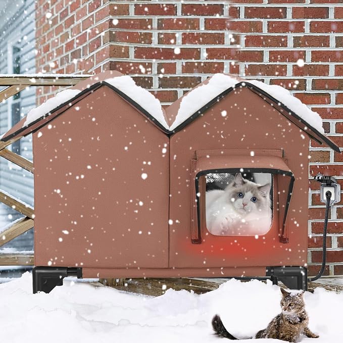 Heated Cat House, Large Heated Outdoor Cat House Weatherproof for Winter, Elevated Waterproof Insulated Cat Houses for Outdoor Cats, Comfortable and Warm Feral Cat Shelter (Tan)