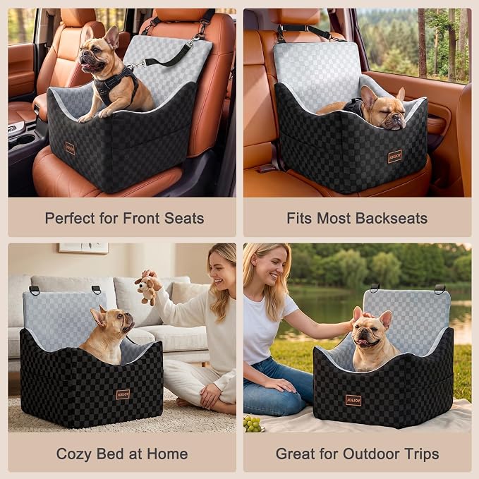 JOEJOY Elevated Dog Car Seat for Small/Medium Dogs up to 35 lbs, Memory Foam Booster Seat with Detachable Washable Cover, Travel-Safe Car Bed with Safety Belts & Storage Pockets, Grey