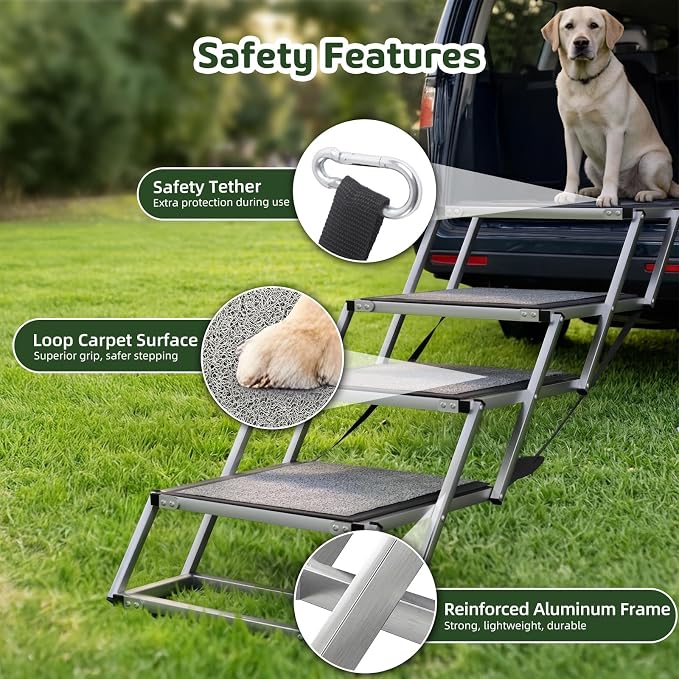 Dog Stairs for Large Dogs, ๐๐'' ๐๐ฑ๐ญ๐ซ๐ ๐๐ข๐๐ Foldable Dog Ramp for Car, SUV & Truck, Non-Slip DogSteps for High Beds, 4-Step Aluminum Frame, Supports up to 250 lbs
