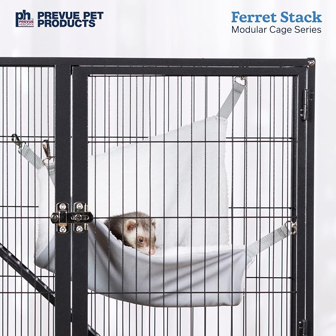 Prevue Pet Products Ferret Stack Two Story Ferret Home - Portable Stand, Escape Proof Lock, Includes Hammock & Ramps, Expandable Two Story Cage Stacking System with Wheels - Black