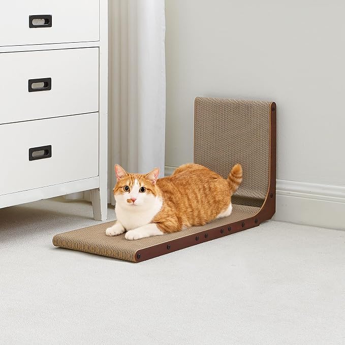 EHEYCIGA Cardboard Cat Scratcher for Indoor Kitten Cats, 19 Inch L Shaped Vertical Cat Scratching Board with Ball Cat Toy, Small Cat Scratcher Pad, Dark Brown
