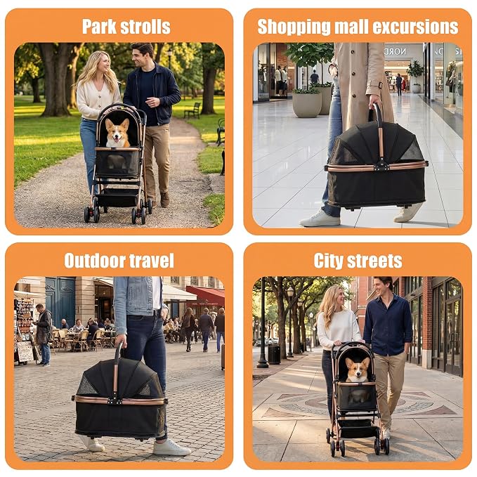 Pet Stroller with Removable Carrier | Lightweight Cat and Dog Stroller with One-Touch Folding|Aluminum Alloy Frame|900D Oxford Fabric and Rain Cover for Travel