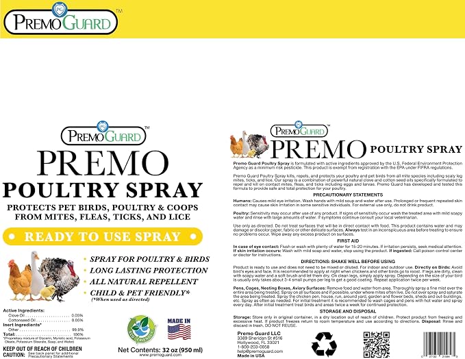 Premo Guard Poultry Spray - 32 oz - Kill Scaly Leg, Mites, Fleas, Lice, & Other Pest on Chickens and in Coops - Natural Plant Based Oils for Control, & Prevention - Family Safe with No Egg Withdrawl