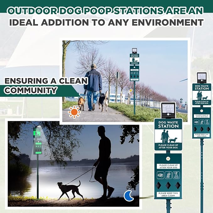 Tujoe Dog Waste Station with Solar Panels Outdoor Light Up at Night,Galvanized Steel Dog Trash Bin Dispenser,Rust Proof LED Pet Station for Commercial Park Backyard(Without Trash Bin)