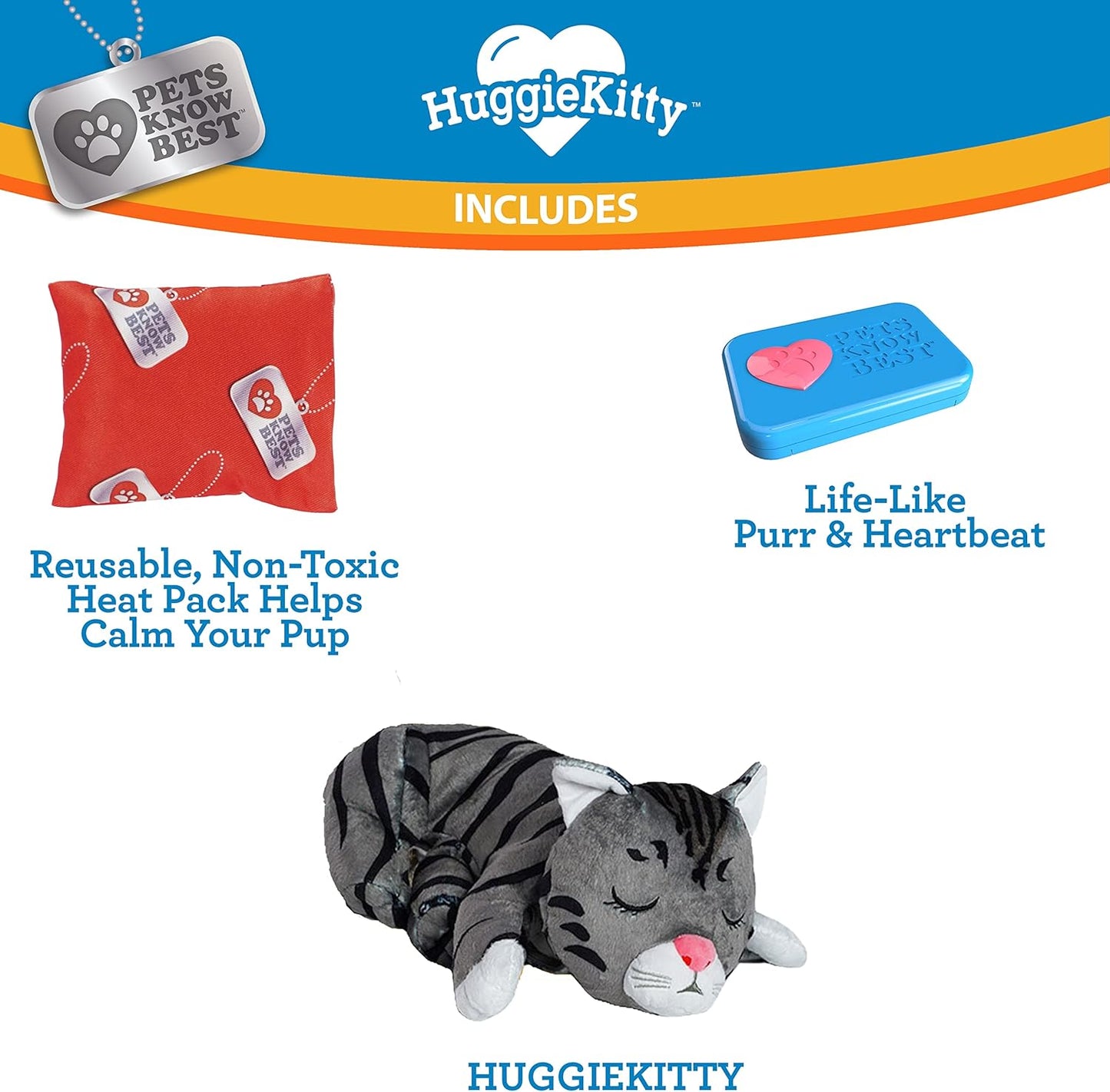 Pets Know Best HuggieKitty | Comfort Purring Companion with Heartbeat Sleep Aide for Cats & Kittens, Heating for Calming Relief, Carrier & Behavioral Training Essential, Breeds, Grey