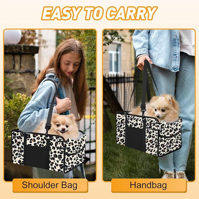 Portable Dog Car Seat for Small Dogs, Puppy Car Seat, Leopard | Booster Seat With Safety Leash & Adjustable Straps Keeps Small Dogs Secure. Removable Washable Cushion. Fits Most Cars.