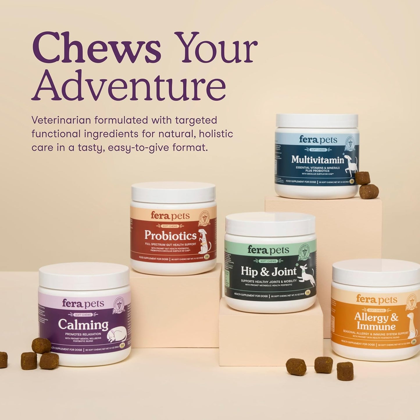 Fera Pets Dog Calming Chews - Anxiety Relief Support - Promotes Relaxation - Ashwagandha & Priome® Mental Wellbeing Postbiotic Blend - 90 Soft Chews