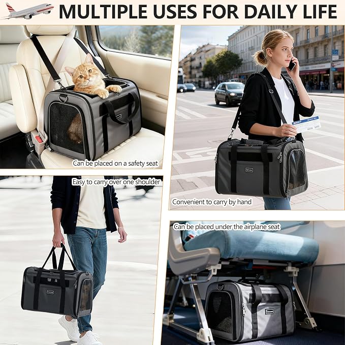 Cat Travel Carrier .Foldable Dog Carrier Bag, Soft Sided cat Carrier up to 20 Lbs,Pet Carrier Soft-Sided Escape Proof with 4 Ventilated Windows, Airline Approved Cat Carrier (Grey)