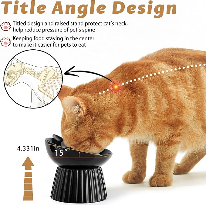 Ceramic Raised Cat Bowl,Tilted Raised Bowl Anti Vomit for Indoor Cats Whisker Friendly Pet Feeder for Cats Puppies, Microwave and Dishwasher Safe (Black)