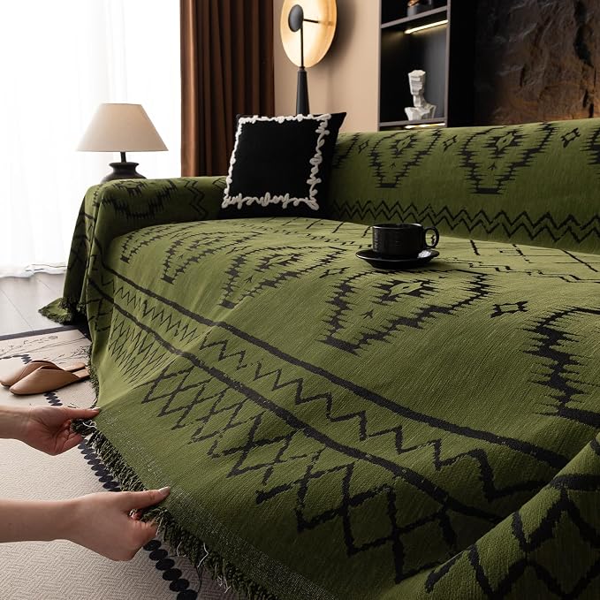 VClife Bohemian Green Couch Cover for Dog, Non Slip Sectional Sofa Covers Furniture Protector Washable Tribal Pattern Couch Covers for 3 Cushion Couch Sofa, Soft Pet Sofa Slip Cover, Green, 71"X150"