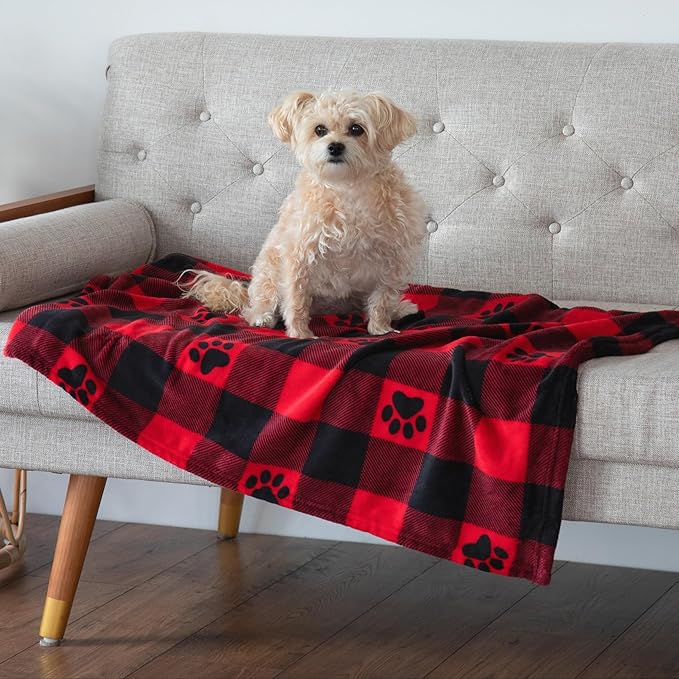 Pet Dog Cat Blanket Ultra Soft Cozy Fleece Paw Print Design Machine Washable Durable for Crates Beds Sofas Travel (Paw Buffalo Check - Purple, Medium)