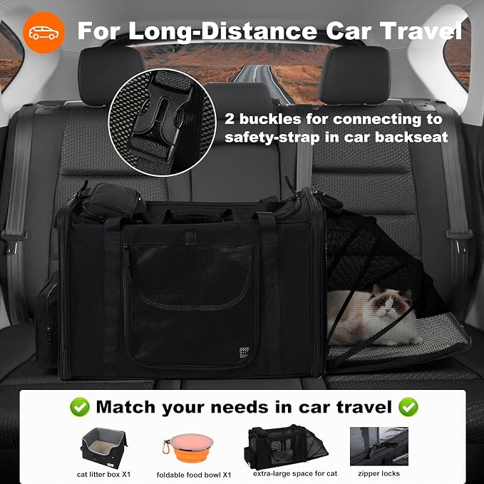 pidipiti 25''(L) x 17''(W) x 17''(H) Extra Large Expandable cat Carrier for car Travel,Soft Crate for 1 Large / 2 Medium Cats up to 35 lbs,Long Road Trip cage with a Leakproof Portable Litter Box