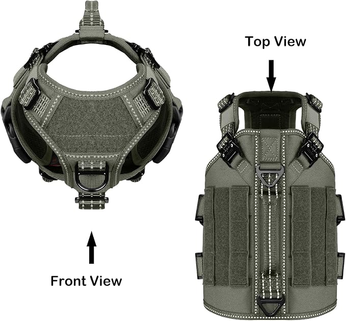 ICEFANG No Pull Tactical Dog Harness for X-Small Dogs,Adjustable Dog Vest | Control Handle,MOLLE Panel,Front Hook,3 Leash Clips,Soft Padded,for walking training,Green,X-Small