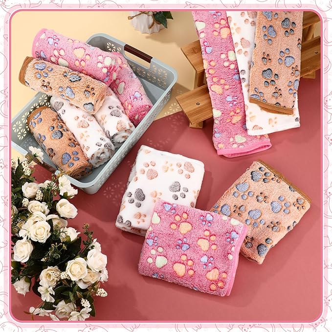 Tegeme 12 Pcs Pet Blankets Soft Fluffy Fleece Dog Cat Warm Paw Print Pattern Blankets Flannel Throw for Pets Dog Puppy Cat(23 x 16 Inch,Pink,Beige,Camel)