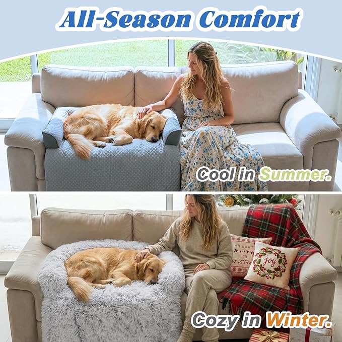 GGIB Cooling Dog Bed Mat with Bolster Pillow Washable Dog Couch Cover Breathable Summer Pet Couch Bed Protector Indoor(Medium, Cooling Grey)