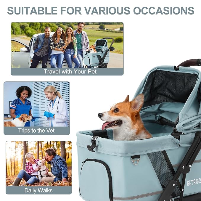 No-Zip Pet Stroller for Small Dogs & Cats, 44 lb, Light Blue | No-Zip Canopy, 44 lb Capacity, Reflective Trim, 2 Tethers, Lockable Front Wheels, Rear Brake and One-Hand Fold