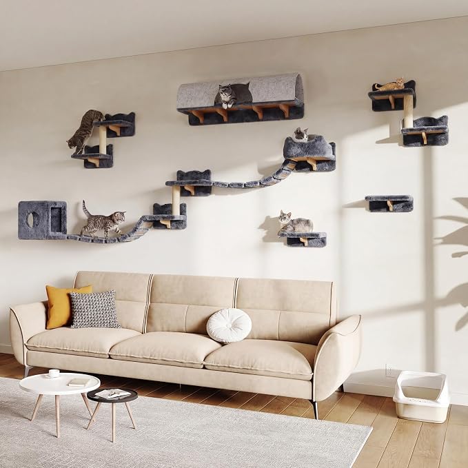 Cat Wall Furniture, 16 in 1 Cat Shelves w/Tunnel & Bridge, Grey | Wall Mounted Cats Shelf Set with Plush Fabric, Cat Climbing Wall Systems for 16 Inch Drywall, with Scratching Posts, Condos