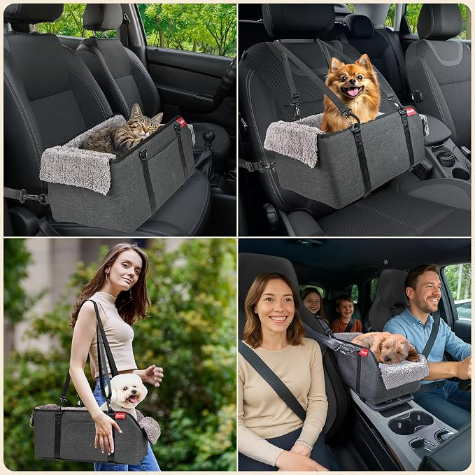 BurgeonNest Center Console Dog Car Seat for Small Pets to 11lbs, Grey | Anti-collapse armrest Console seat with washable fluffy cushion, pillow & tether for stable, cozy pet travel trips.