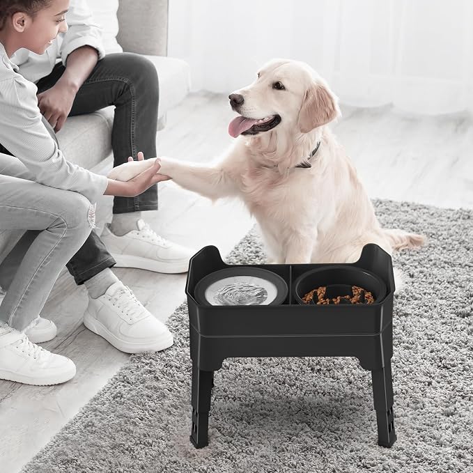 4-in-1 Elevated Slow Feeder Dog Bowls, 4 Height Adjustable Mess Proof Raised Dog Bowl Stand with No Spill Dog Water Bowl, Stainless Steel Dog Food Bowl & Slow Feeder for Large Medium Small Dogs Pets