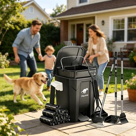 Dog Poop Trash Can Outside - 20L/5Gal Pooper Scooper Sets and Spade, Black | Outdoor Trash Can with Lid, Inner Bucket, Dog Poop Scooper Set, Metal Tray, Rake and Spade, 100 Trash Bags & Storage Box
