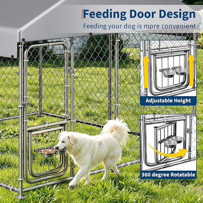 GarveeLife Dog Kennel Outdoor with Waterproof Cover, Outdoor Dog Enclosure with 360° Rotating Feeding Bowls, Dog Kennel Outside for Backyard, 7.5ftx7.5ftx6.6ft