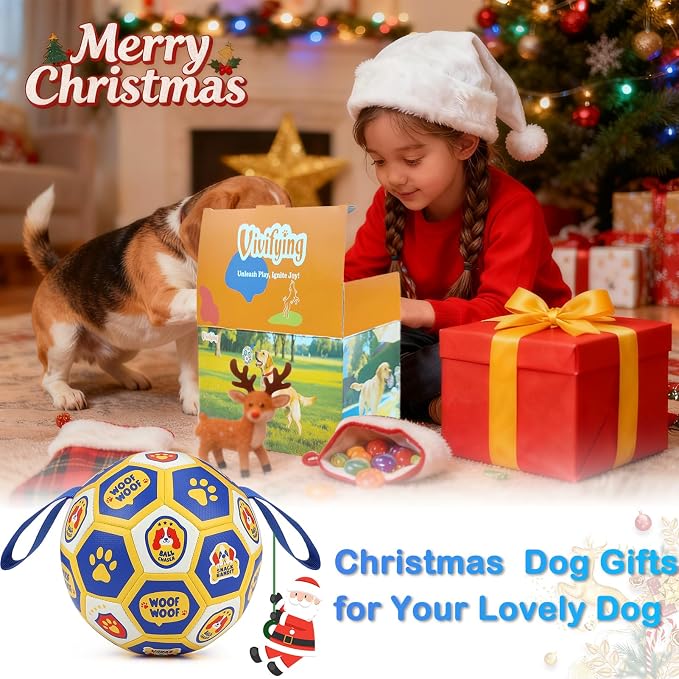 Vivifying Dog World Cup Soccer Ball Toy, 7 Inch Floatable Interactive Dog Toy for Medium Large Dogs, Durable PU Enrichment Ball with Nylon Straps for Outdoor Fetch, Training & Playing
