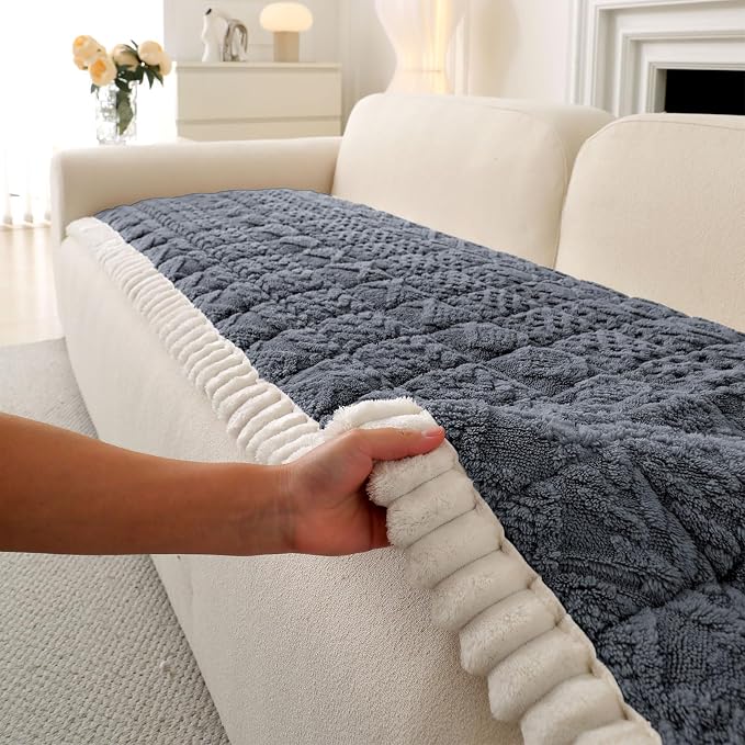 OTOB All Seasons Sofa Covers for 3 Cushion Couch Washable, Geometric Jacquard Fuzzy Non-Slip Pet Couch Cover, Kids Pet Friendly Soft Plush Sofa Slipcovers Dog Bed Mats (Dark Gray, 27.6" x 70.9")