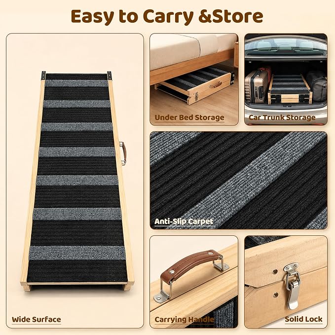 MTERSN Foldable Dog Ramp for Bed, Couch, SUV, Support Up to 200lbs, Gray | 47" x 15.7" x 28", 5 Adjustable Height from 17'' to 29'', Non-Slip, Butt Hinge for High load, Suitable Dogs of Various Sizes