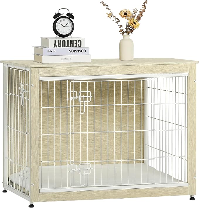 DWANTON Dog Crate Furniture with Cushion, Wooden Kennel Table with Double Doors, Indoor Dog House, Large Size, 38.5" L, White Oak